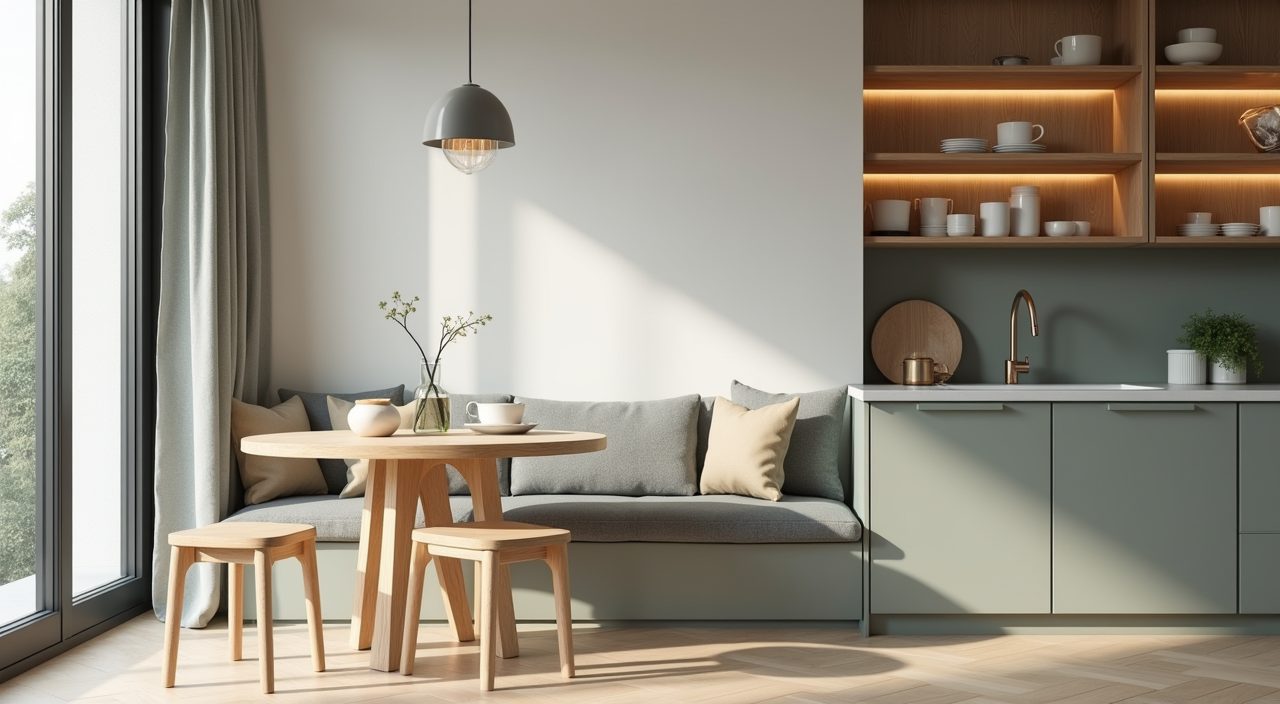 Scandinavian kitchen dining nook with pale timber peninsula and styled ceramic shelf