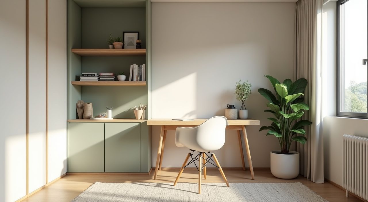 Scandinavian study room in a Singapore HDB flat with warm white walls and pale oak furniture
