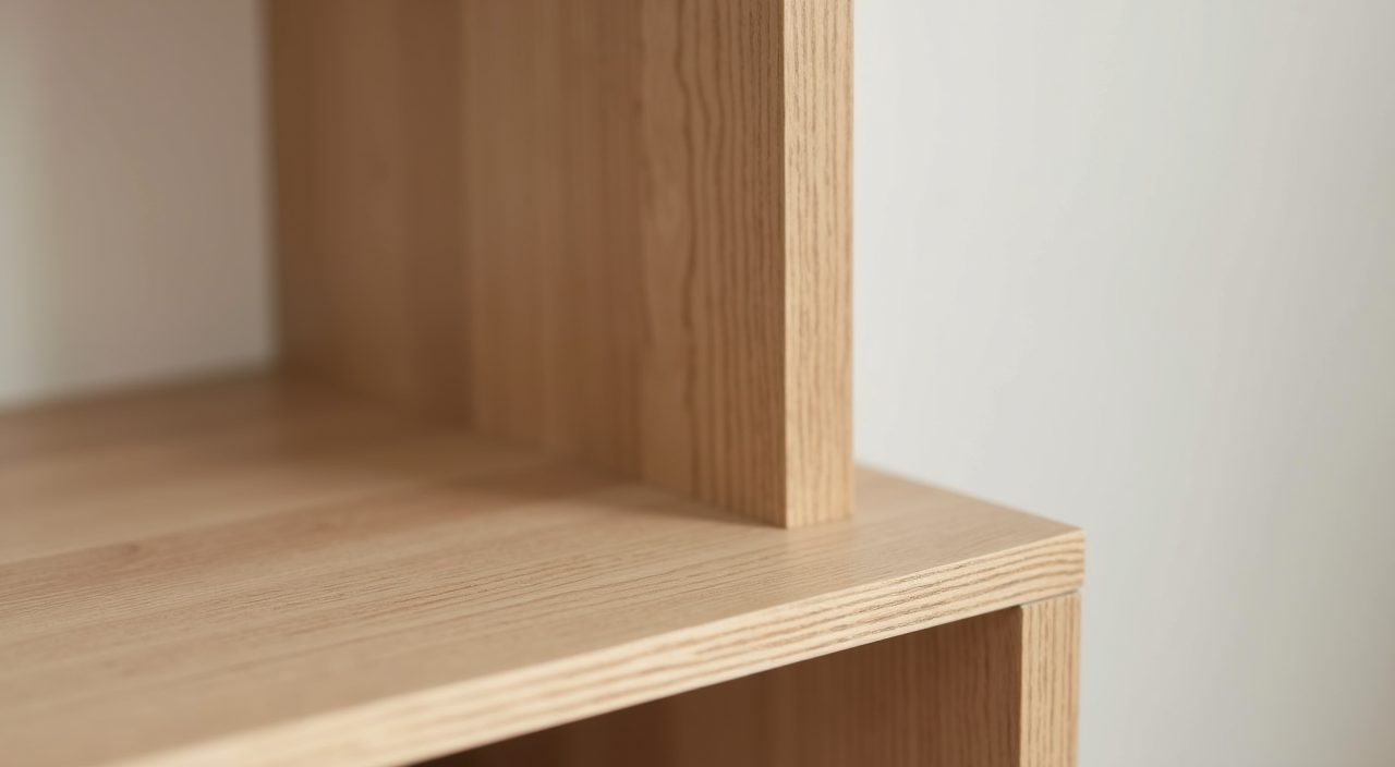 Close up of oak veneer plywood and matte laminate finishes in a Scandinavian Singapore study room
