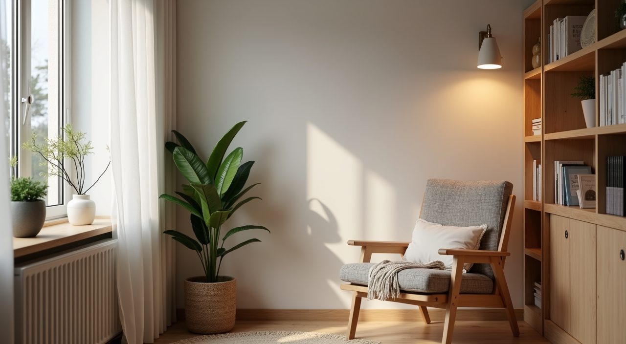Cozy Scandinavian reading corner with a wool throw and warm light in a Singapore HDB study room