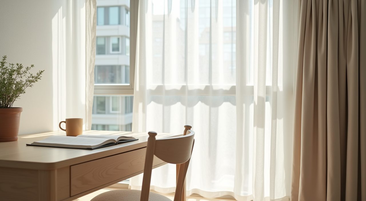 Scandinavian study room window with sheer linen curtains diffusing tropical light in a Singapore condo