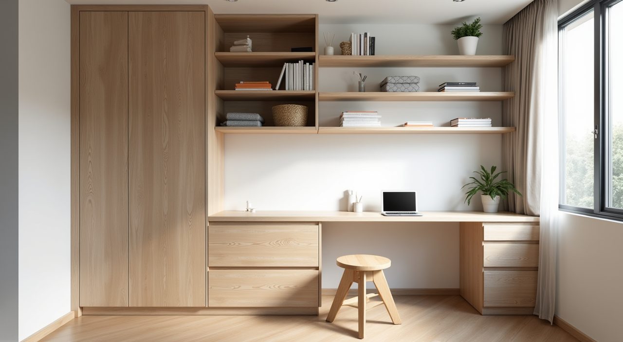 Wall-mounted pale wood shelving and cabinet storage in a Scandinavian Singapore HDB study room