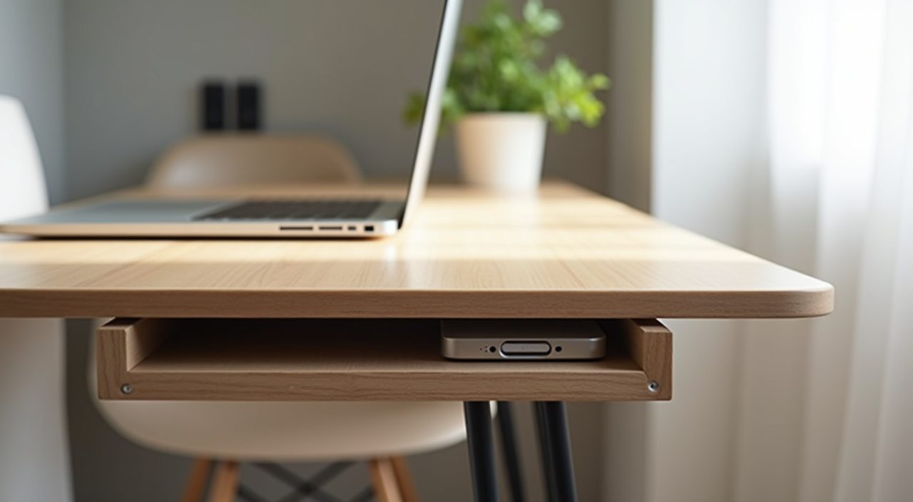 Slim pale wood desk on hairpin legs with hidden cable management in a Scandinavian Singapore study room
