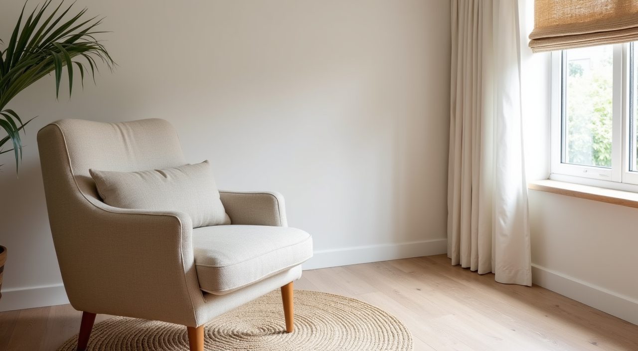 Soft boucle, linen and flat-weave textures in a Scandinavian Singapore study room