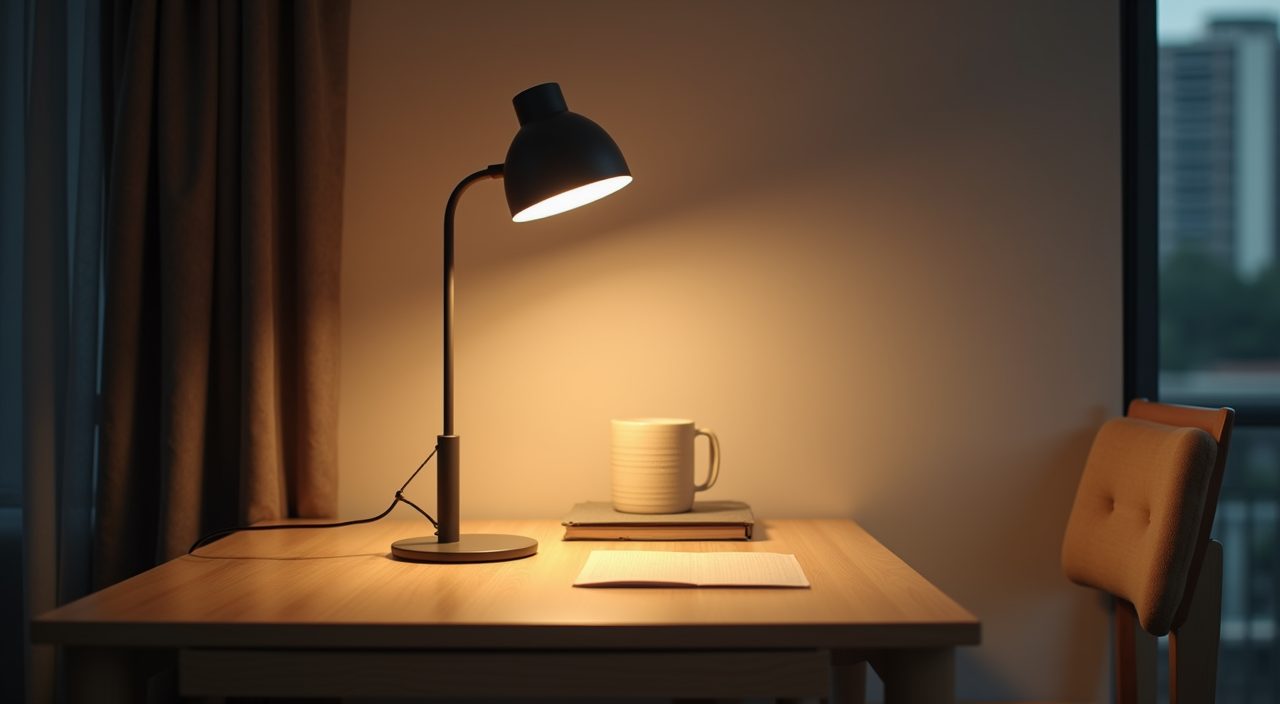 Layered warm task and ambient lighting in a Scandinavian Singapore study room at dusk