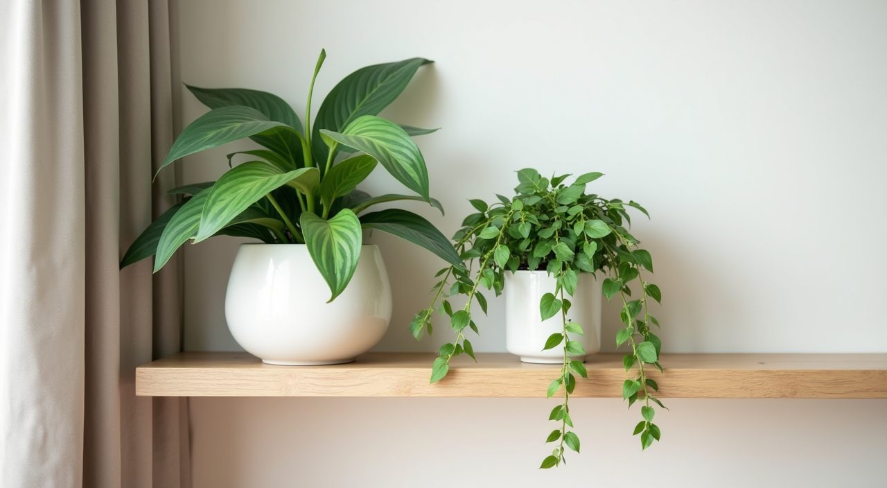 Indoor snake plant and pothos greenery on pale wood shelving in a Scandinavian Singapore study room