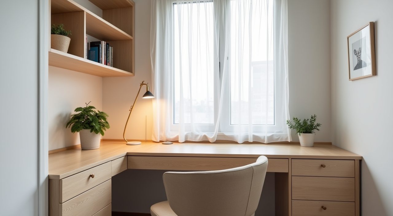 Scandinavian study nook corner with a built-in pale oak desk under a window in a Singapore condo