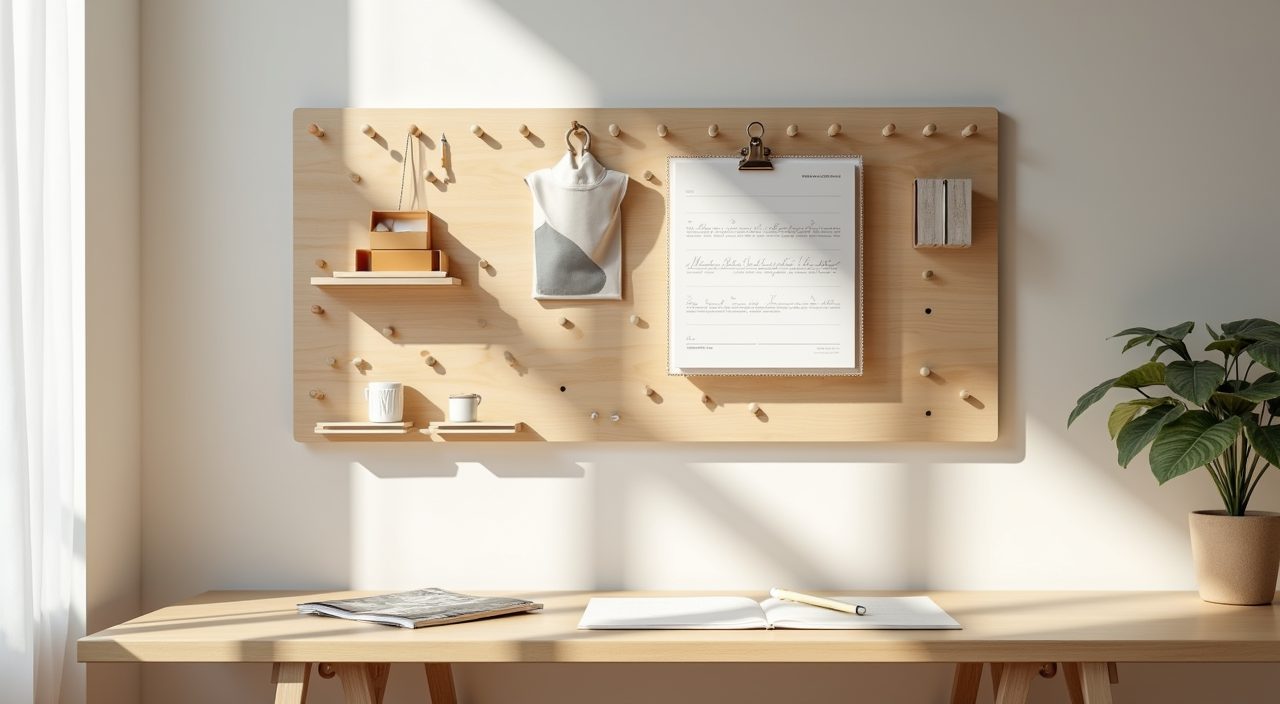Pale birch pegboard organiser above a desk in a Scandinavian Singapore study room