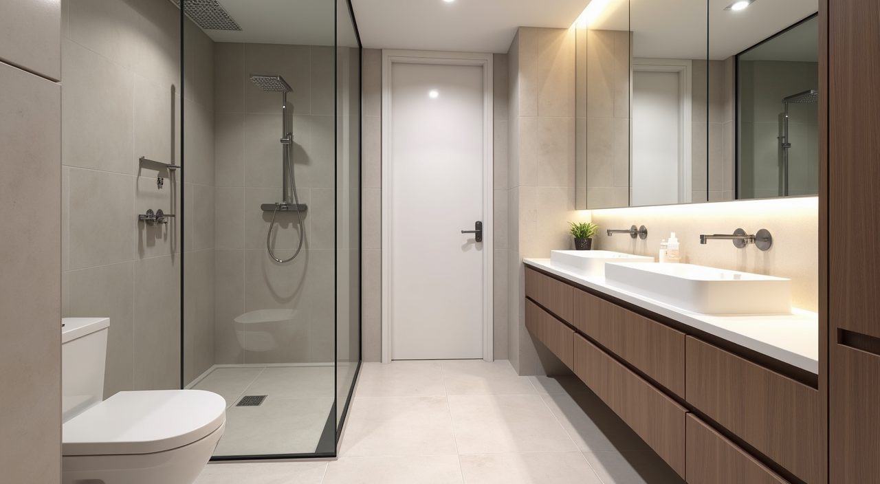 Modern Singapore HDB small bathroom with walk in shower behind a fixed glass panel and level entry linear drain floor