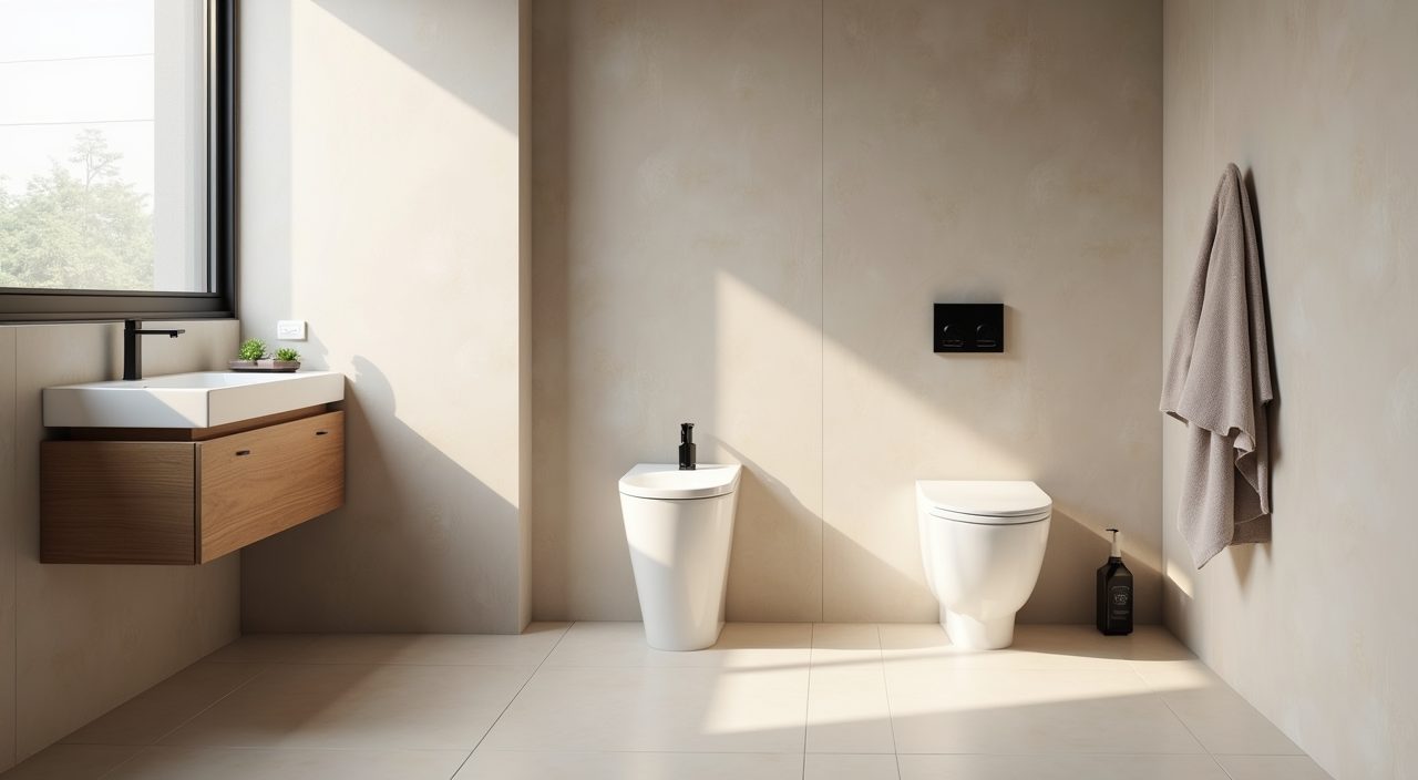 Compact Singapore bathroom with wall hung floating vanity and wall hung toilet showing open floor beneath for an airy look
