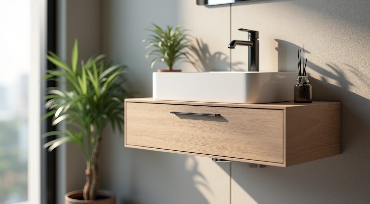 Wall hung floating vanity with slim basin and hidden handle drawer in a small Singapore bathroom