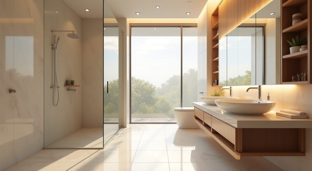 Bright serene mood shot of a small Singapore HDB bathroom with walk in shower, floating vanity and large mirror