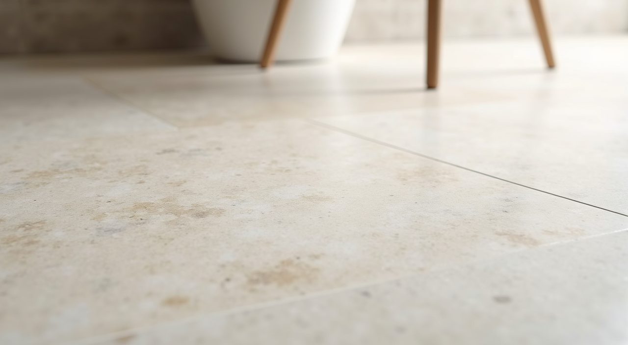 Close up of large format light greige porcelain tiles with colour matched grout in a small Singapore bathroom
