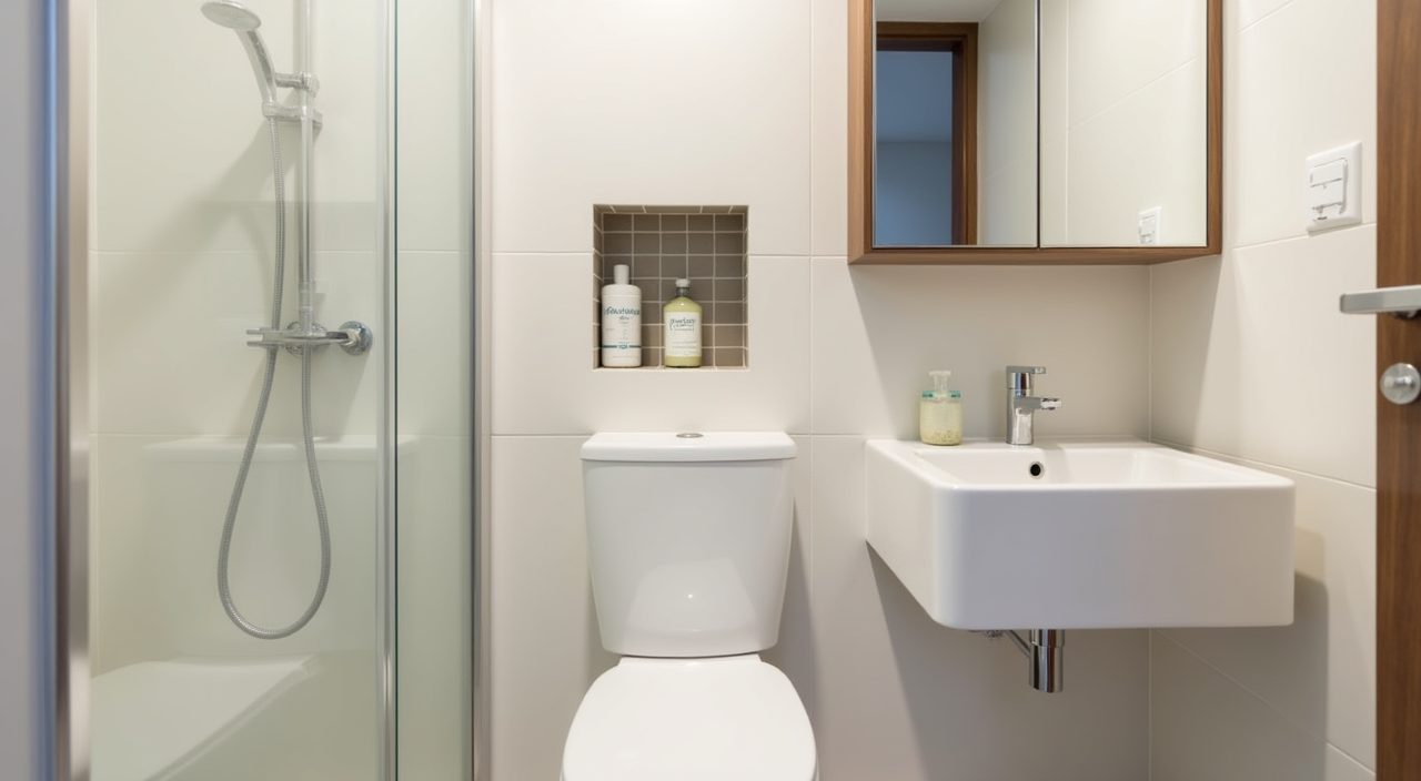 Recessed tiled shower niche and slim wall storage in a small Singapore bathroom for vertical space saving