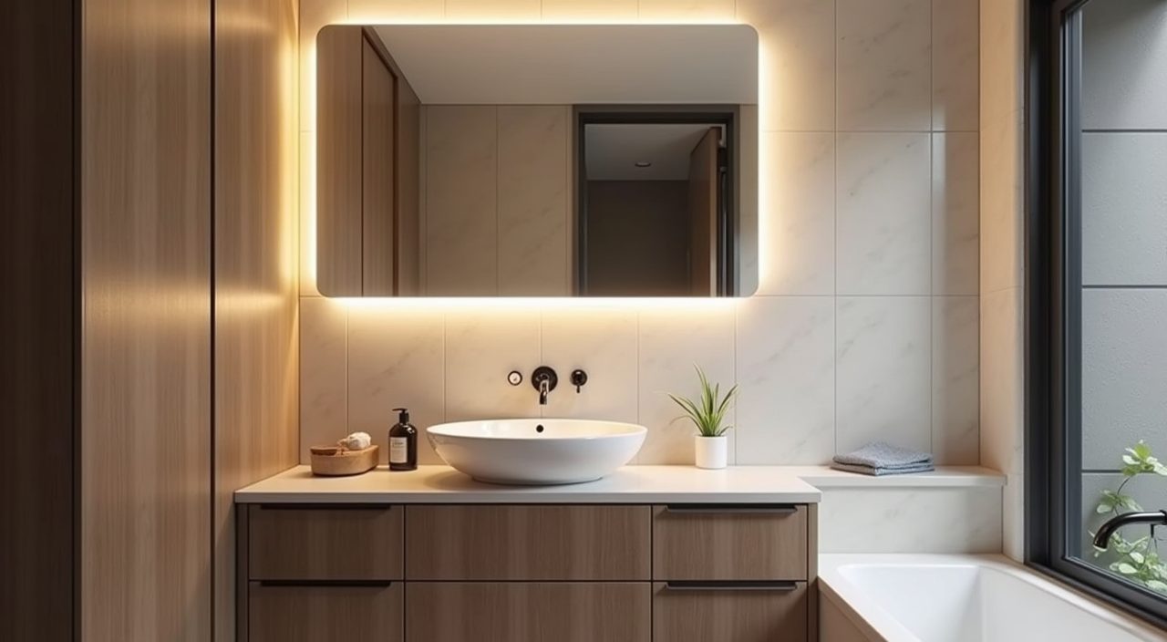 Large frameless backlit LED mirror above the vanity making a small Singapore HDB bathroom feel bigger