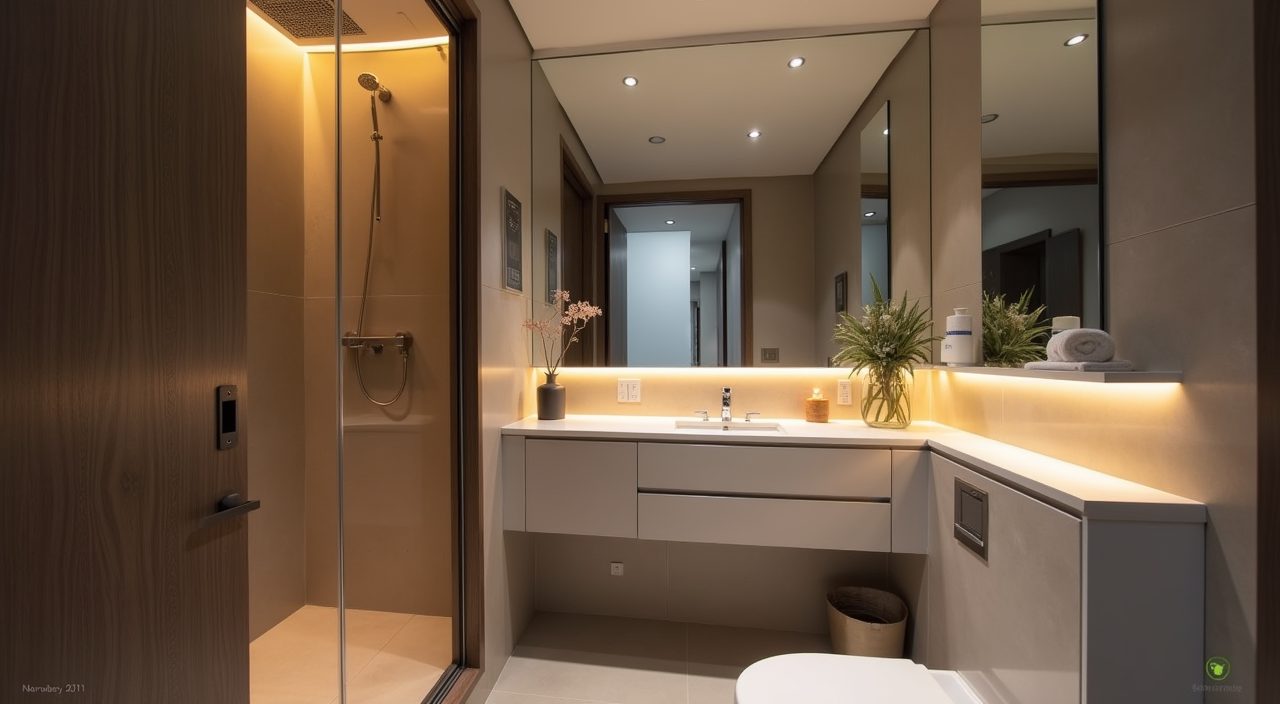 Layered lighting with ceiling downlights, mirror task light and niche accent glow in a small Singapore bathroom