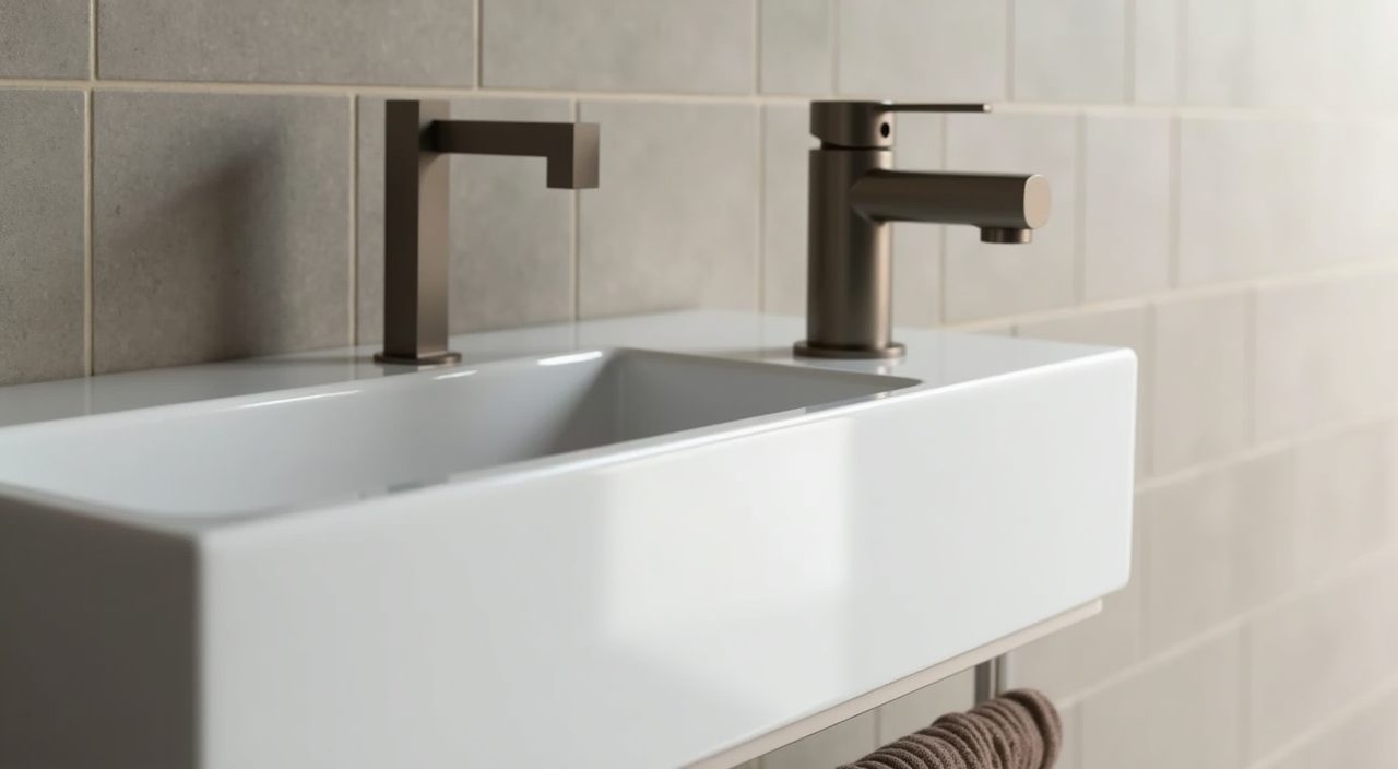 Slim wall mounted single lever basin mixer and hidden hardware detail in a modern small Singapore bathroom