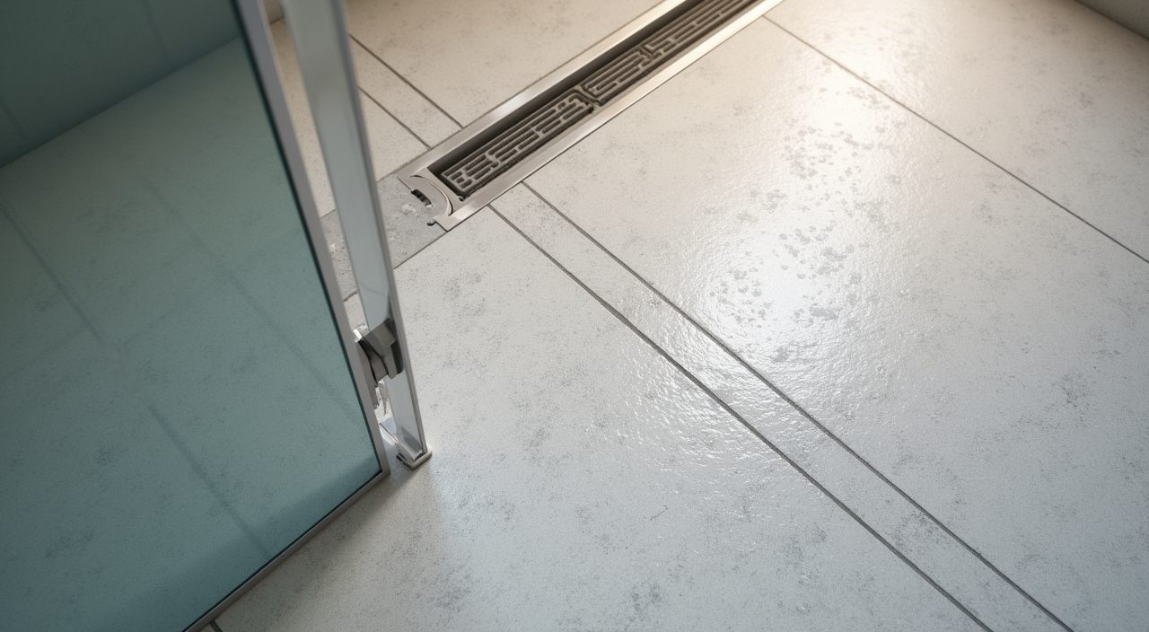 Overhead view of a matt textured shower floor sloping to a linear drain in a small Singapore bathroom