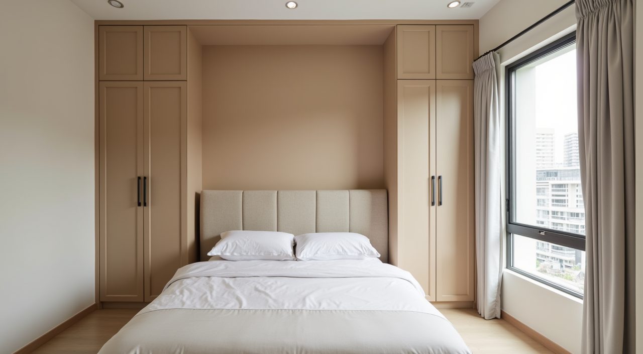 Small Singapore HDB bedroom in a cohesive warm greige palette from walls to wardrobe