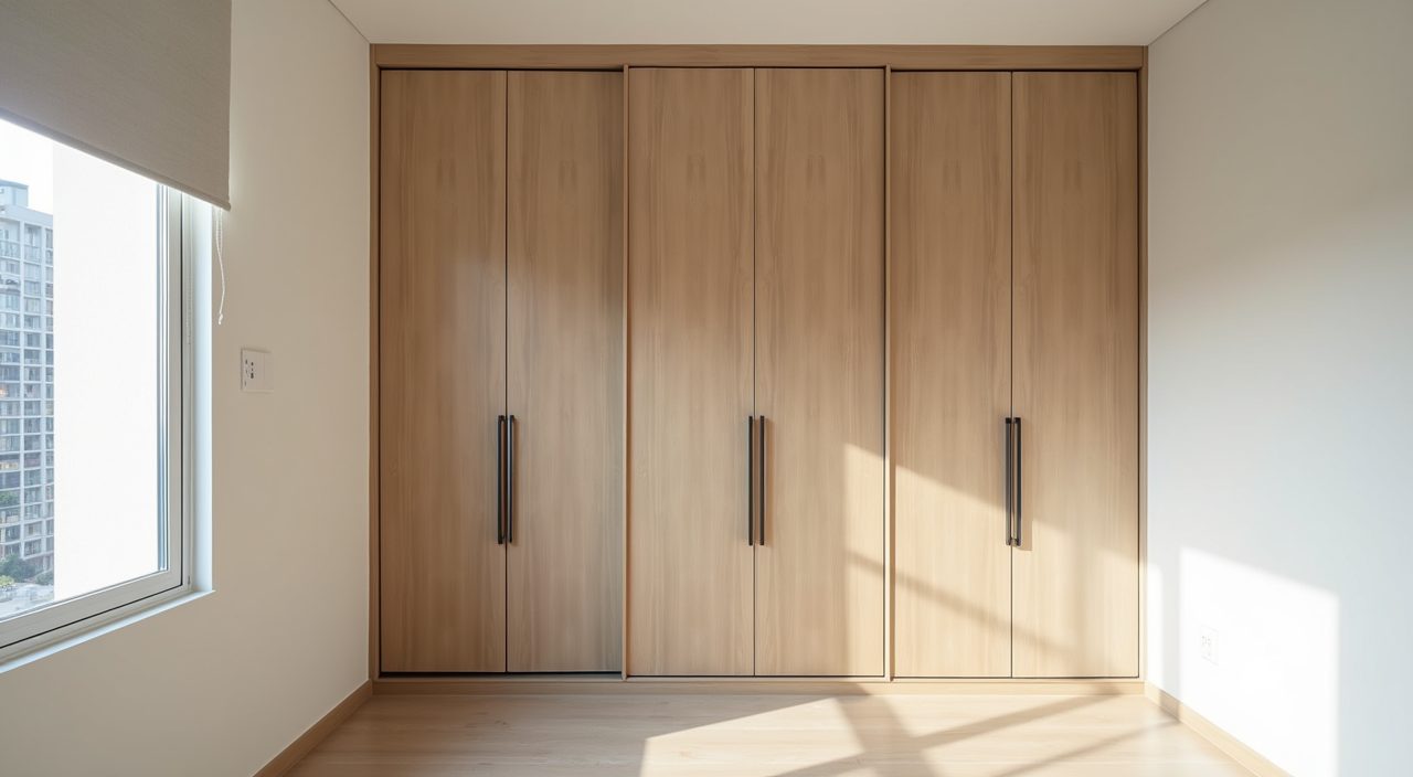 Full height floor to ceiling built in wardrobe with sliding doors in a small Singapore HDB bedroom