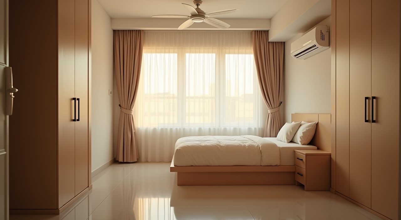 Calm neutral small Singapore HDB bedroom mood shot at golden hour