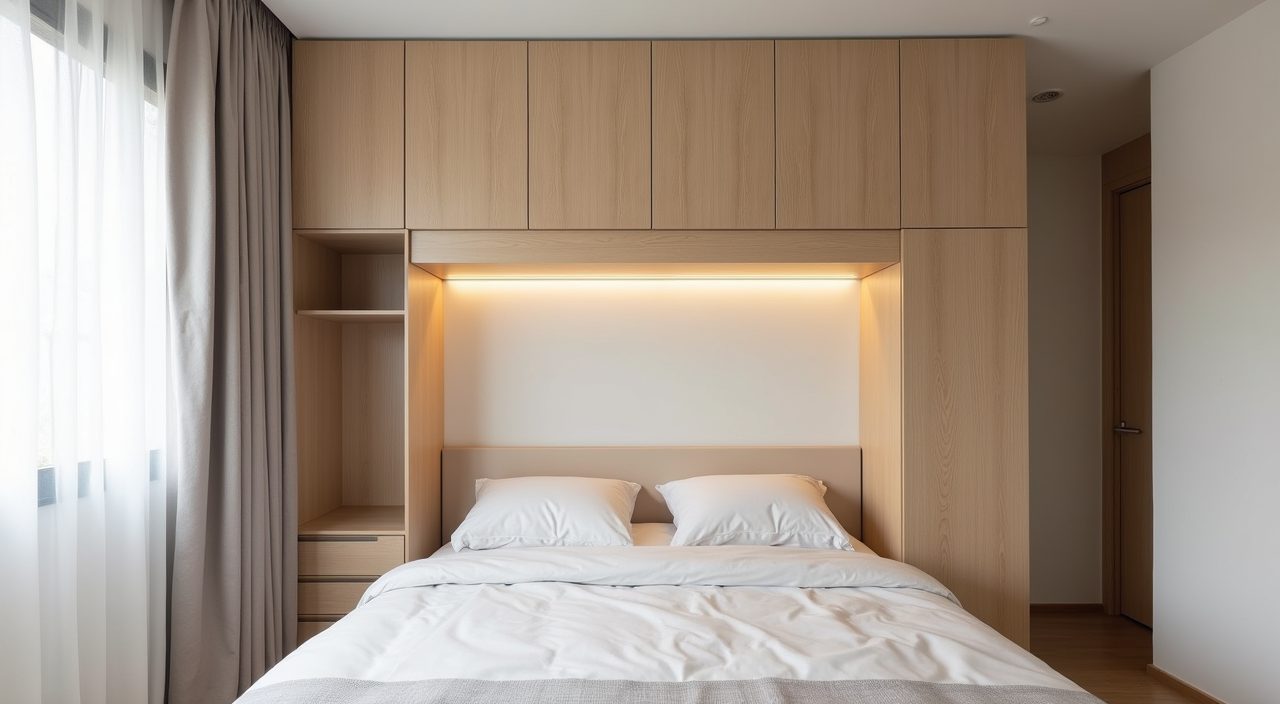 Overhead storage cabinet above the bed head in a small Singapore HDB bedroom