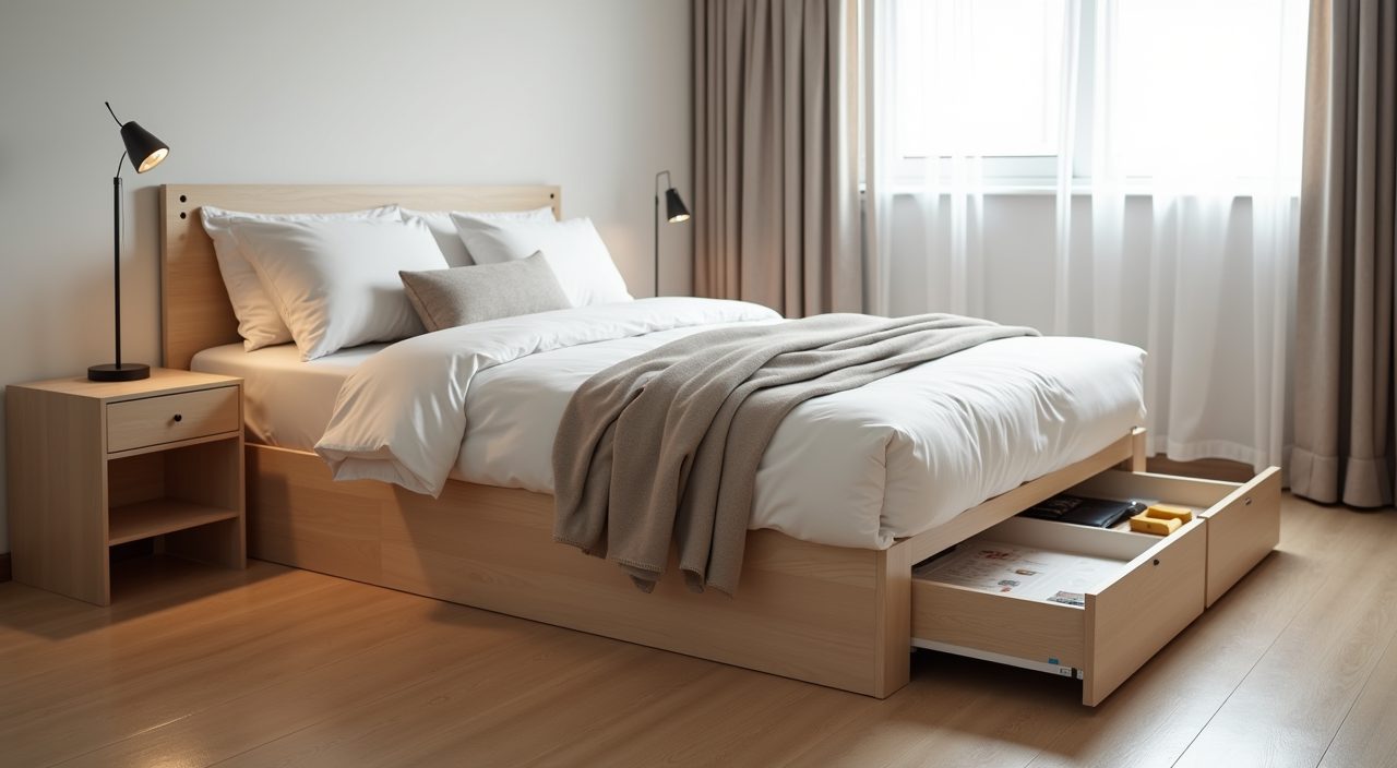 Low platform storage bed with under mattress drawer in a small Singapore HDB bedroom