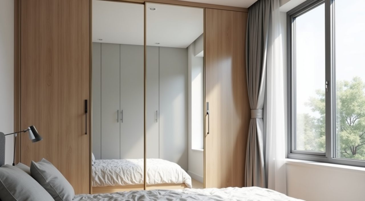 Mirror fronted wardrobe door reflecting daylight in a small Singapore HDB bedroom