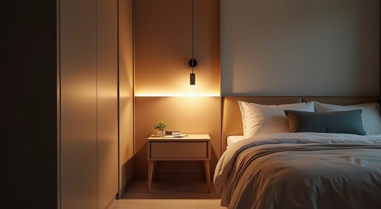 Layered bedside lighting with wall reading light and warm strip in a small Singapore HDB bedroom