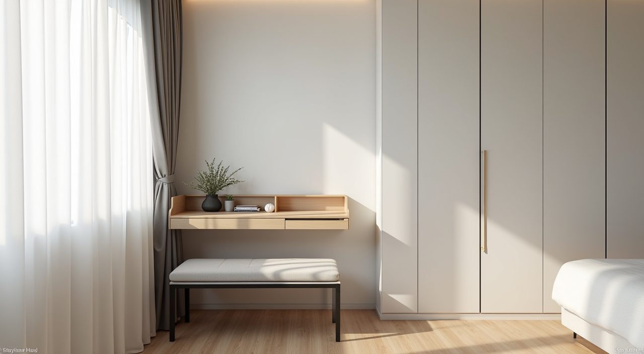 Slim floating desk doubling as a dressing table in a small Singapore HDB bedroom