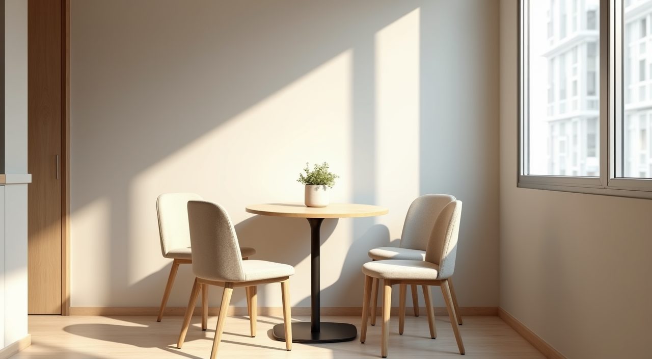 Contemporary Singapore HDB small dining area with a round pedestal table sized to keep the walkway clear