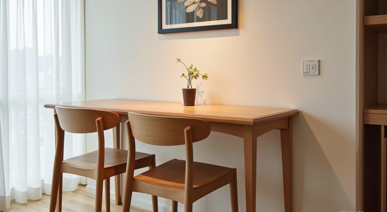 Contemporary Singapore HDB dining area with a space saving wall mounted drop leaf table folded flush as a slim console
