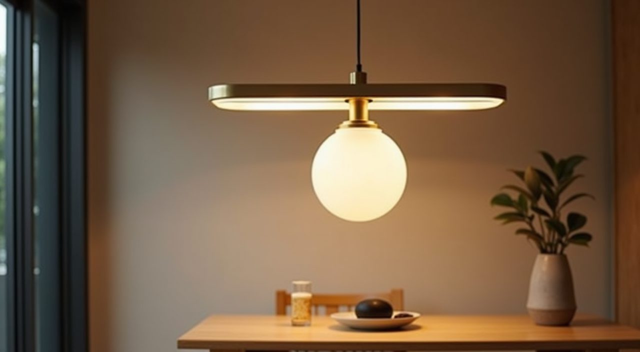 Lighting detail of a slim warm white linear pendant fitting over the table in a contemporary Singapore HDB dining area