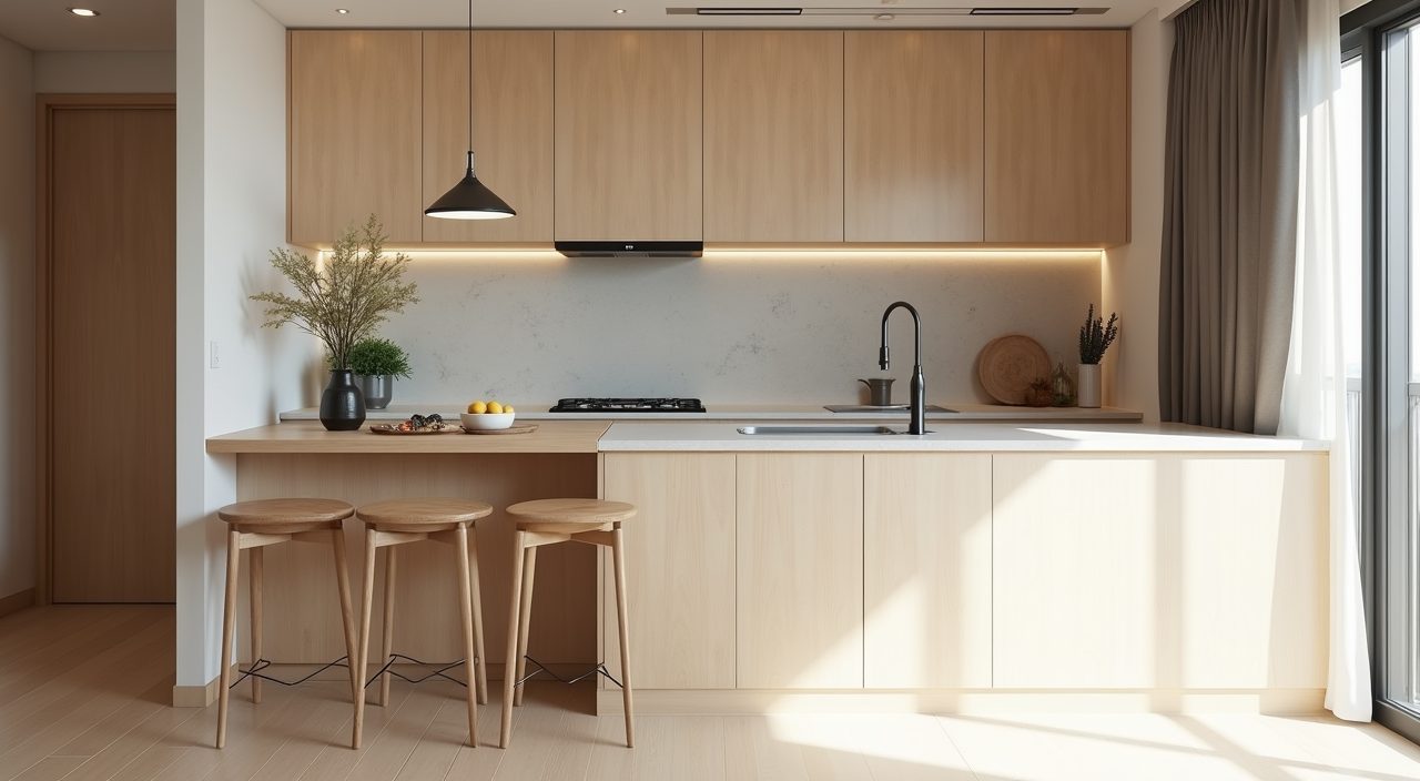 Cosy corner nook in a contemporary Singapore HDB home with a breakfast counter off the kitchen island replacing a standalone dining table