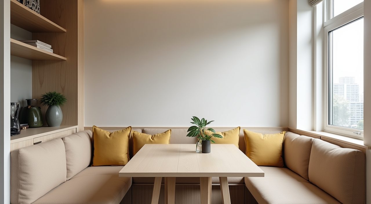 Contemporary Singapore HDB dining corner with a built in upholstered banquette bench along the wall to reclaim space