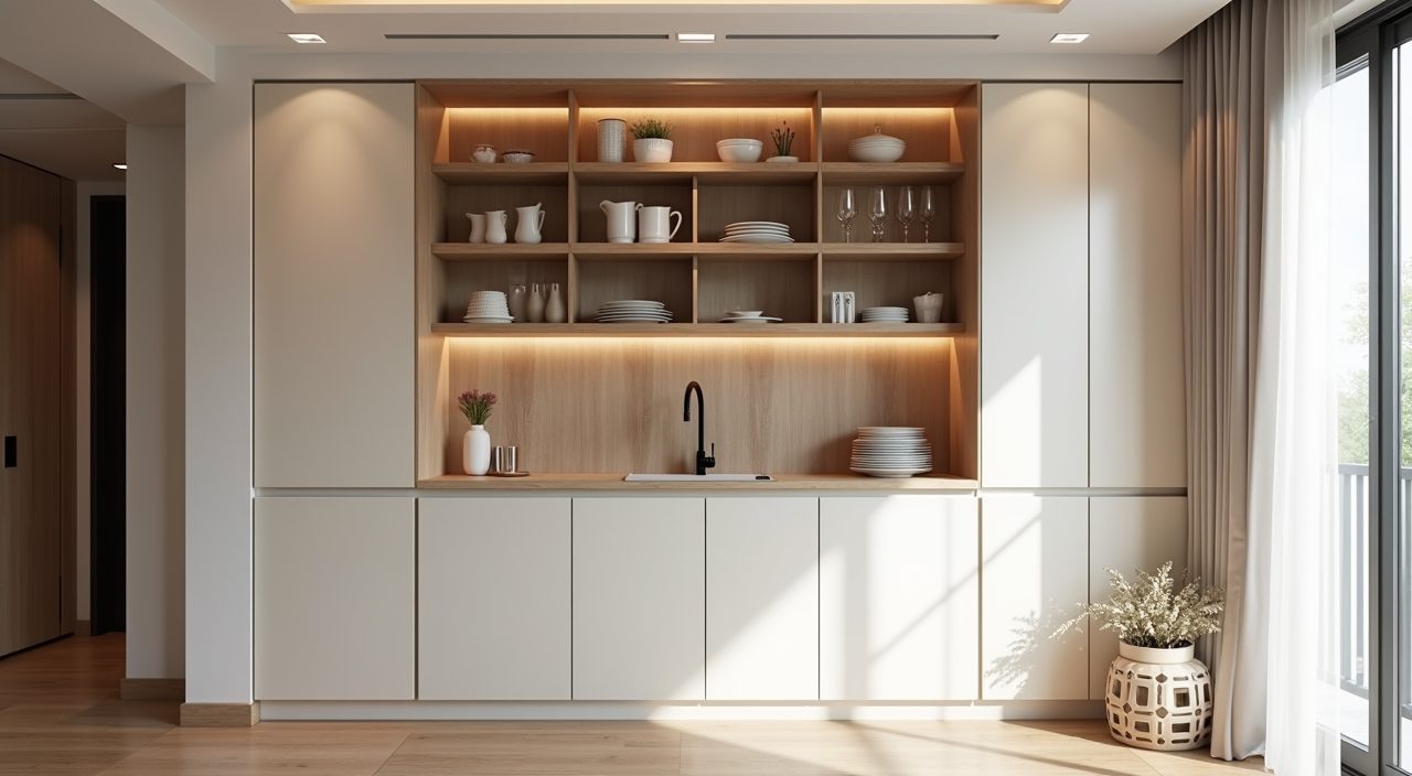 Contemporary Singapore HDB dining wall with slim full height cabinetry combining closed doors and open shelves for storage