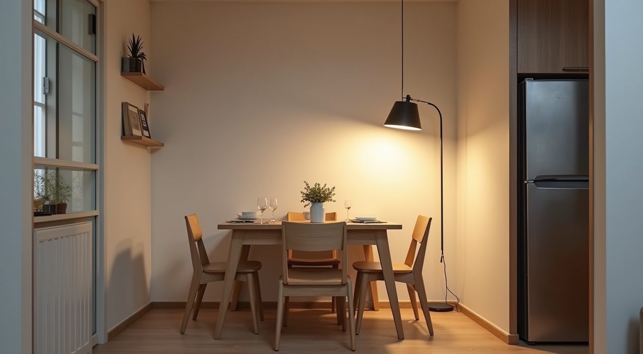 Contemporary Singapore HDB dining area with a single compact pendant light hung low to anchor the zone