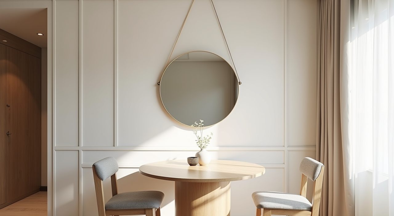 Contemporary Singapore HDB dining area with a large wall mirror and light finishes visually stretching the small space
