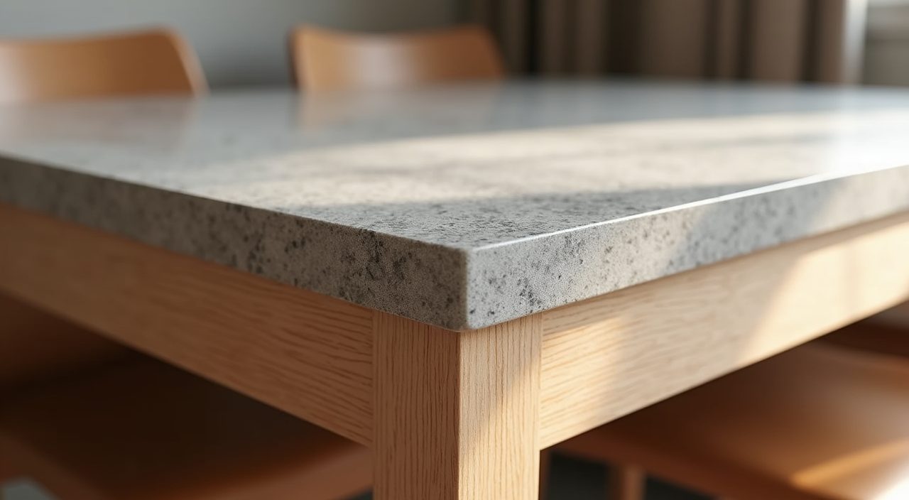 Close up of durable dining finishes in a contemporary Singapore HDB home, sintered stone top with veneered plywood edge and PU leather seat