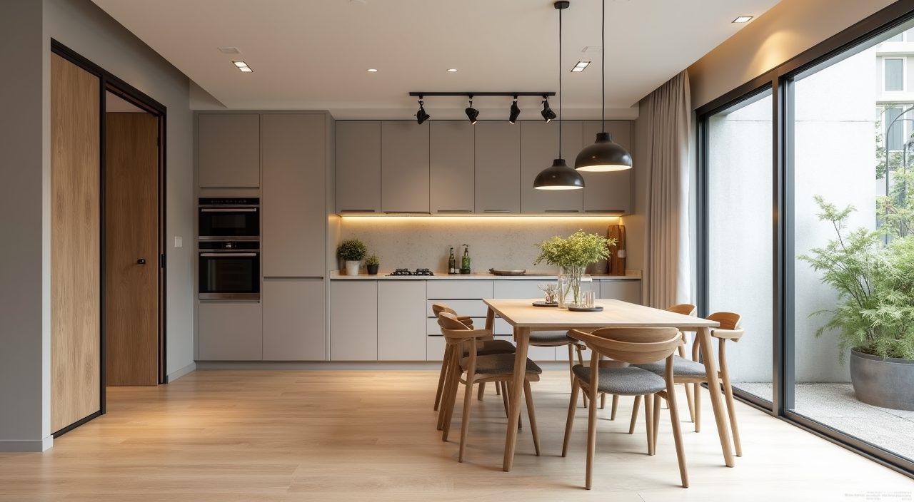 Contemporary Singapore HDB open plan interior with the dining zone blended into the kitchen and living room through continuous finishes