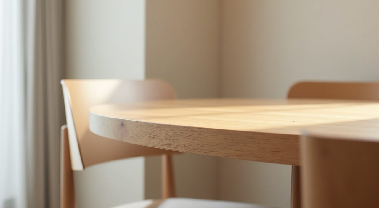Close up material detail of light oak veneer and matte greige finish in a contemporary Singapore HDB dining area