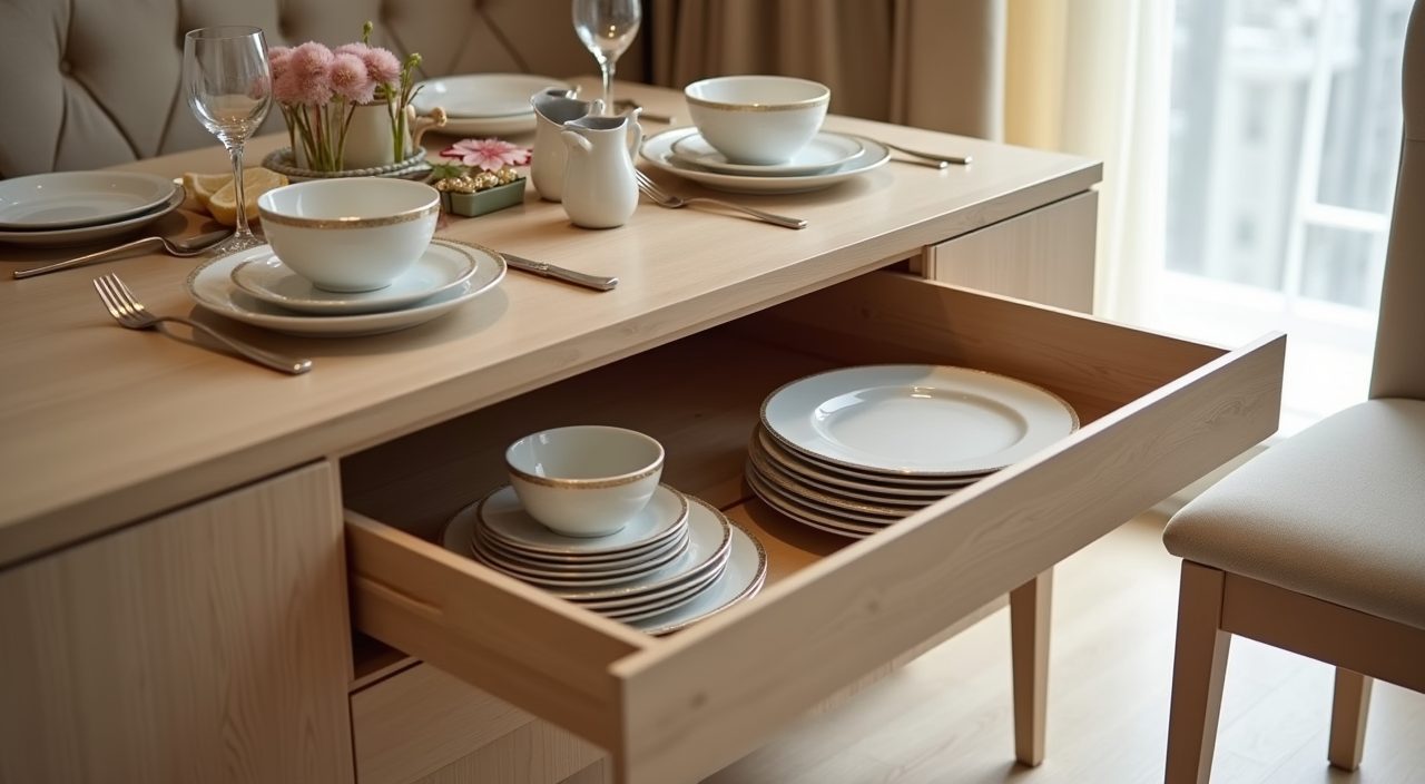 Storage detail of a banquette bench with a hinged base revealing hidden crockery storage in a contemporary Singapore HDB dining area