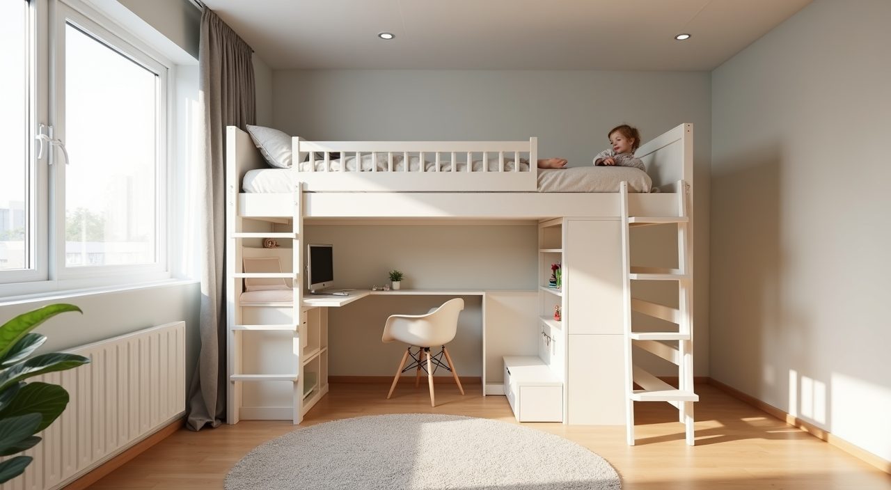 Small Singapore HDB kids room with a white loft bed raised over a study desk to save floor space