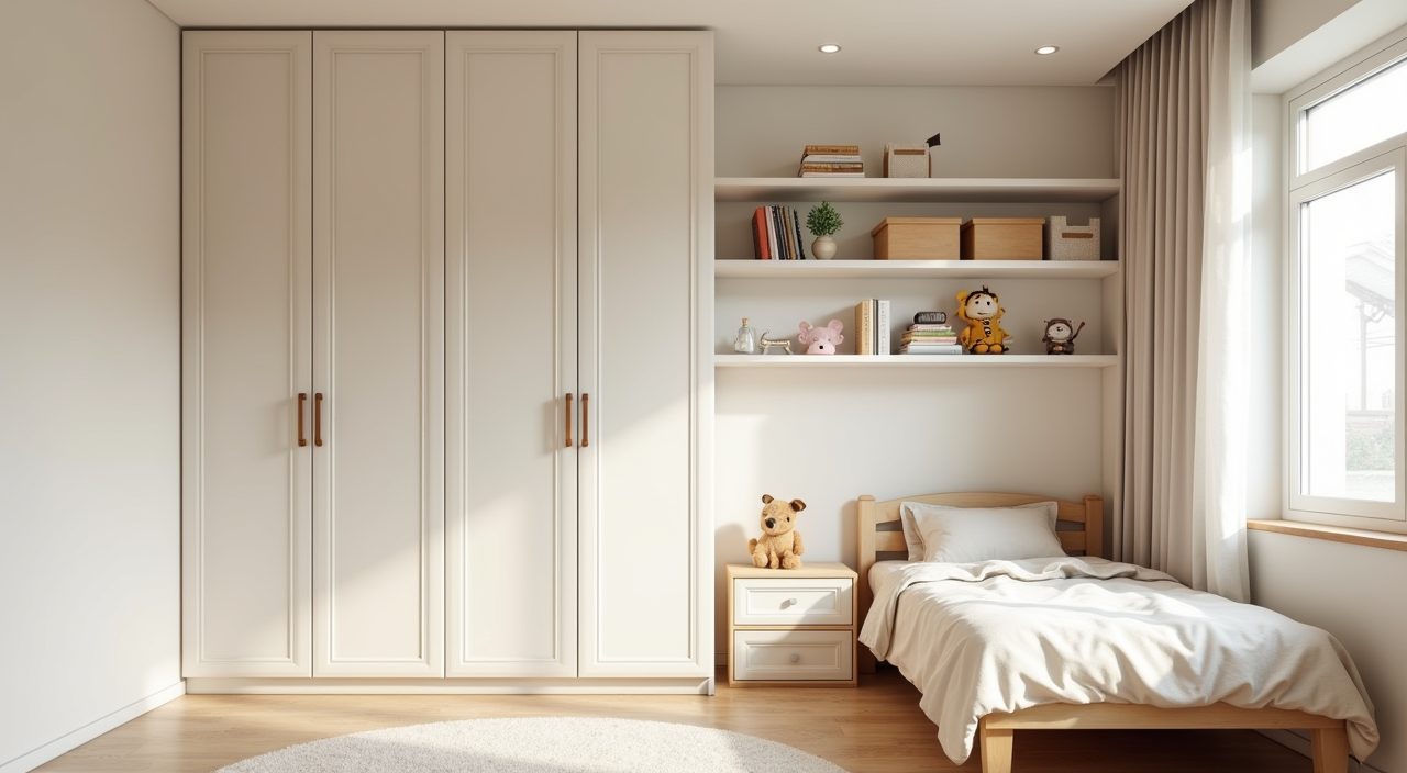 Floor to ceiling built in wardrobe storage in a small Singapore HDB kids room maximising wall height