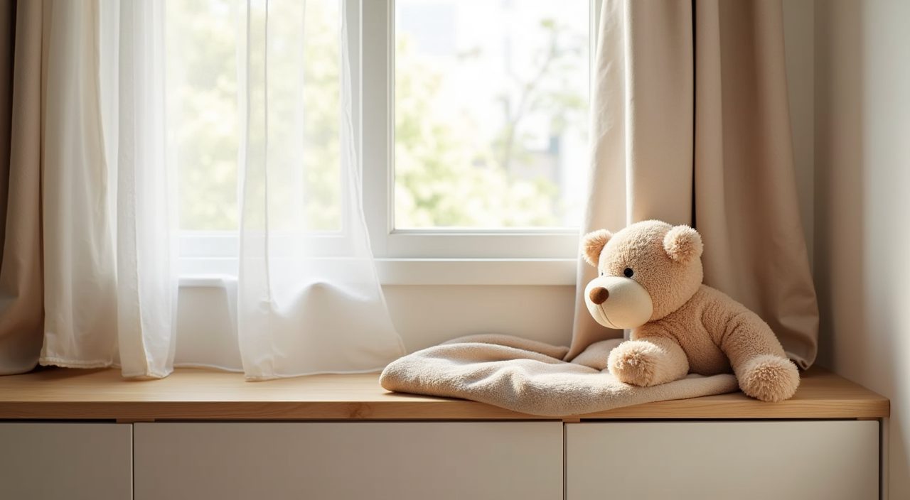 Window bench with hidden toy storage in a small Singapore kids bedroom