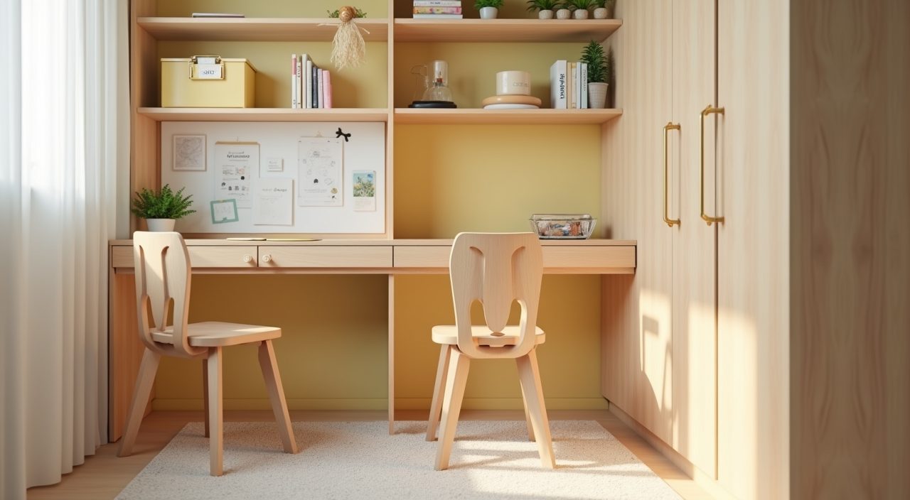 Tidy study corner with child height shelving and bins in a small Singapore HDB kids room
