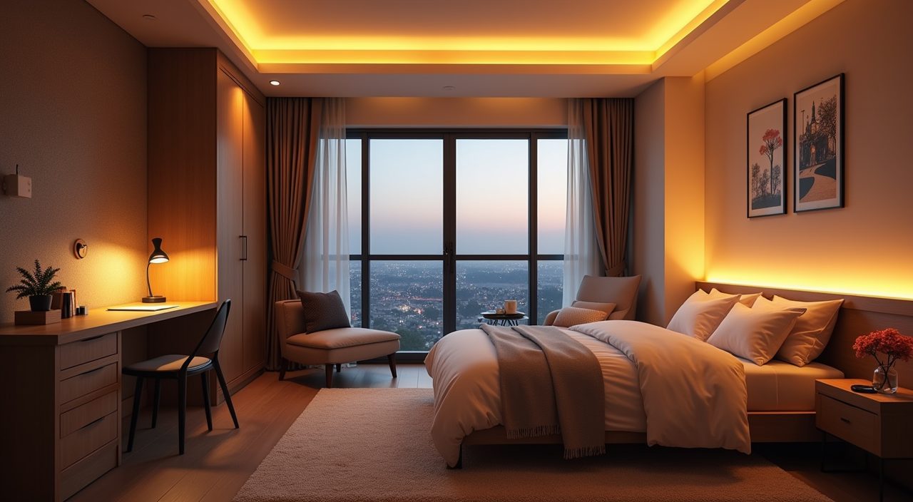 Layered lighting in a small Singapore condo kids room with ambient, desk task and bedside night lights