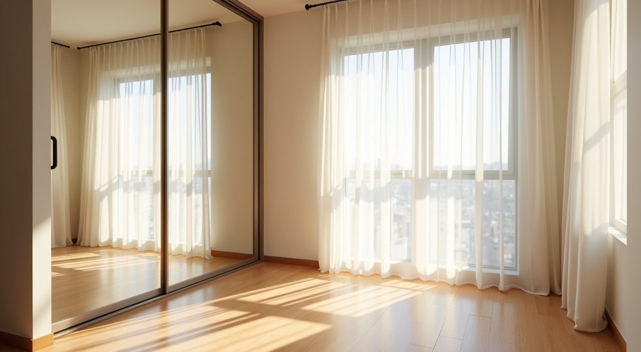Mirrored wardrobe and sheer curtains making a small Singapore condo kids room feel larger