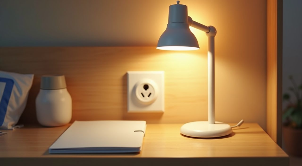 Close up of a warm task lamp and desk power socket in a small Singapore kids study corner