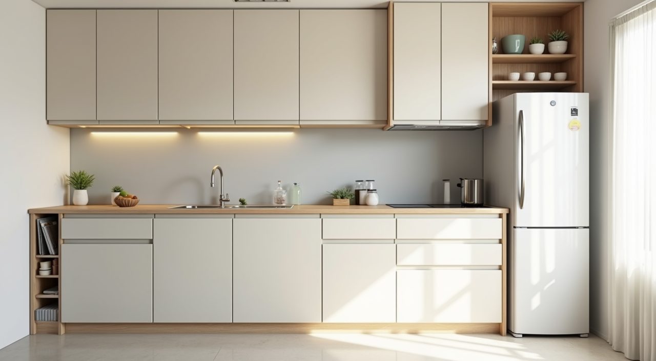 Compact single wall HDB kitchen layout in a light Scandinavian Singapore style showing the efficient work line